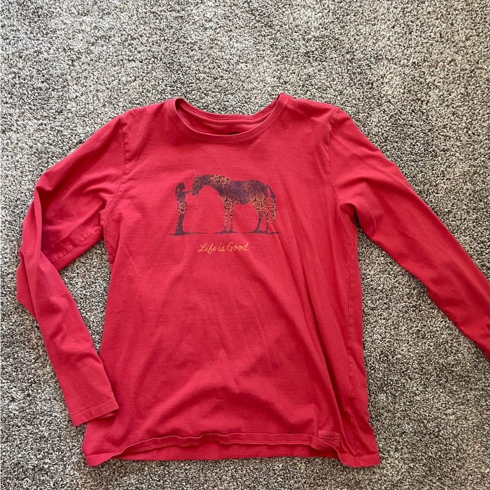 Life Is Good Red Long Sleeve Tee with Horse Design
